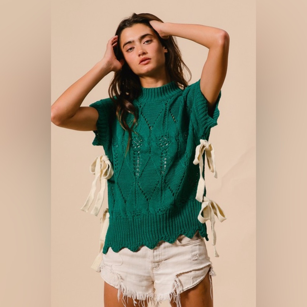 Green side tie ribbon cable scalloped boho bohemian mock neck knit sweat… - Picture 4 of 8